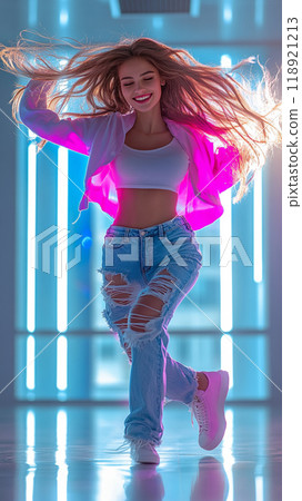 A woman with long hair is dancing in a neon room 118921213