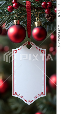 A white tag hangs from a red tree with red balls 118921287