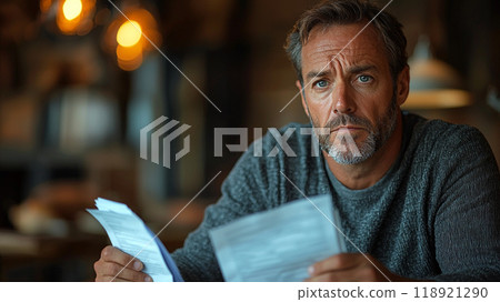A man is sitting at a table with papers in his hands 118921290