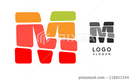 Bright colorful letter M, layers blocks like sandwich, stone balancing or rock stacking. Modern cartoon monogram for kid joyful book, fun logo. Vector illustration 118921354