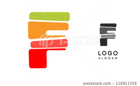 Bright colorful letter F, layers blocks like sandwich, stone balancing or rock stacking. Modern cartoon monogram for kid joyful book, fun logo. Vector illustration Bright colorful letter F, layers blocks like sandwich, stone balancing or rock stacking. Modern cartoon monogram for kid joyful book, fun logo. Vector illustration 118921358