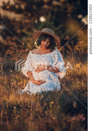 Happy Mother Carrying Child, Expecting Baby. Amazing Motherhood. Pregnant Woman Happy Mother Carrying Child, Expecting Baby. Amazing Motherhood. Pregnant Woman 118921403