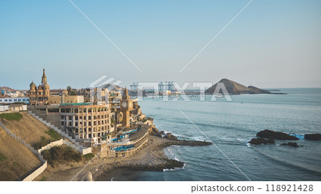 Side view of the Chancay tourist castle, entertainment and tourism center. Chacay Lima, Peru. 118921428