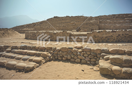The ancient archaeological site of Caral, near Supe, Barranca Province, Peru. Caral is a UNESCO world heritage site and considered to be the oldest city in the Americas. 118921434