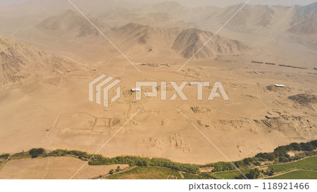 Aerial view to Ruins of Caral, oldest city in America, Unesco World Heritage Site, Rio Supe Valley, Peru 118921466