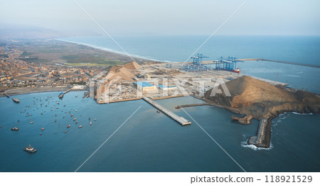 Chancay seaport. Located in Peru, Mega port under construction, future maritime hub of South America. Chancay Lima, Peru. 118921529