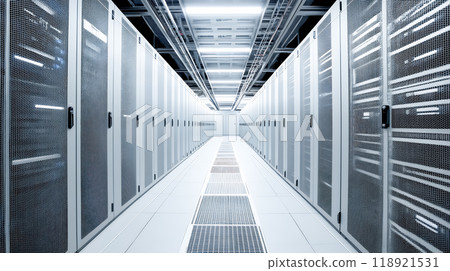 Inside a data center with rows of servers 118921531