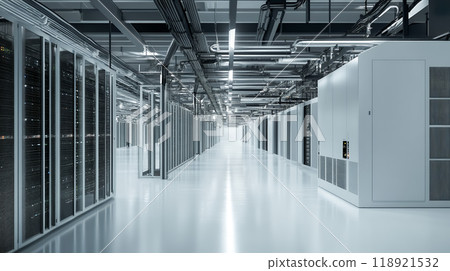 Inside a data center with rows of servers 118921532