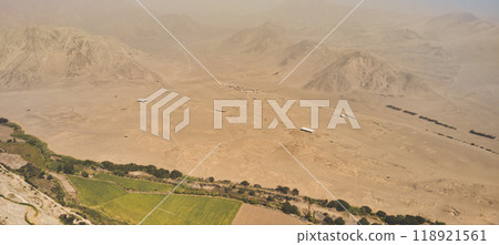 Aerial view the Sacred City of Caral, is an archaeological site located in the Supe valley, near the current town of Caral, 182 kilometers north of Lima, Peru 118921561