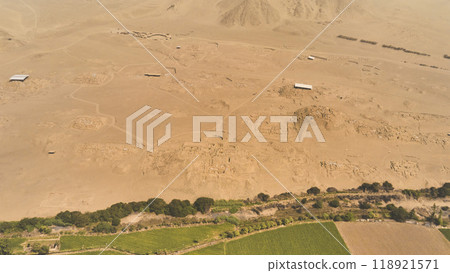 Aerial view the Sacred City of Caral, is an archaeological site located in the Supe valley, near the current town of Caral, 182 kilometers north of Lima, Peru 118921571