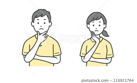 Upper body illustration of a male and female caregiver worried with their hands on their face Upper body illustration of a male and female caregiver worried with their hands on their face 118921764