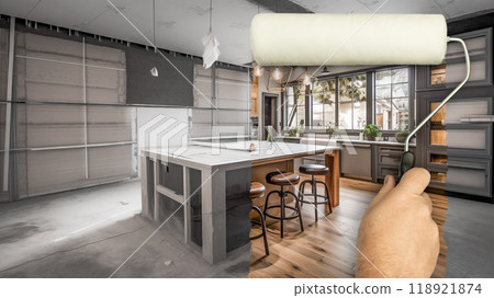 Before and After of Man Using Painting Roller Over Unfinished Construction Zone to Reveal Finished Custom Kitchen Interior. 118921874