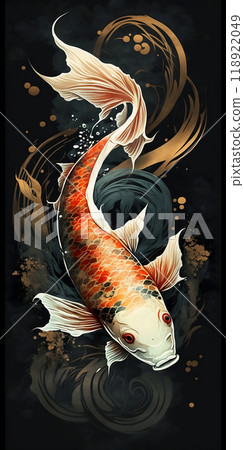 Koi fish illustration in realistic brush modern art style, traditional Japanese painting style. Koi fish illustration in realistic brush modern art style, traditional Japanese painting style. 118922049