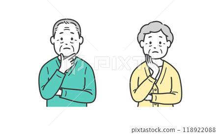 Upper body illustration of an elderly man and woman worried with their hands on their face 118922088