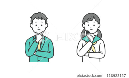 Illustration of the upper body of a male and female student worried with their hands on their face Illustration of the upper body of a male and female student worried with their hands on their face 118922137