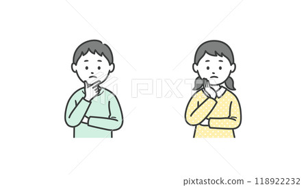 Illustration of an upper body of a boy and girl worried with their hands on their face 118922232