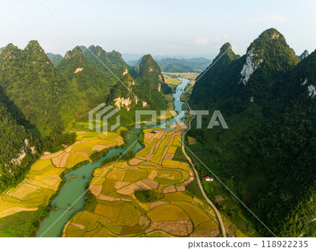 Aerial wide angle view of landscape with rice field at Phong Nam village in Trung Khanh, Cao Bang province,Northern Vietnam 118922235