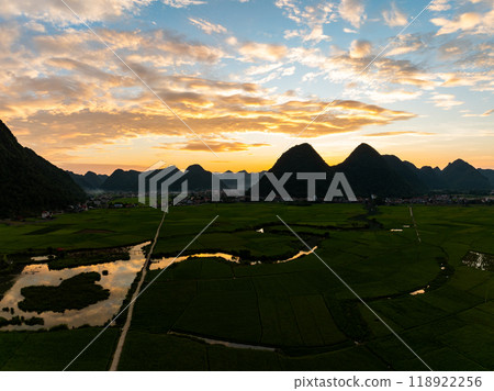 Drone aerial view of landscape mountains view in summer season,High angle view over countryside at northern Vietnam 118922256