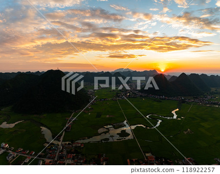 Drone aerial view of landscape mountains view in summer season,High angle view over countryside at northern Vietnam 118922257