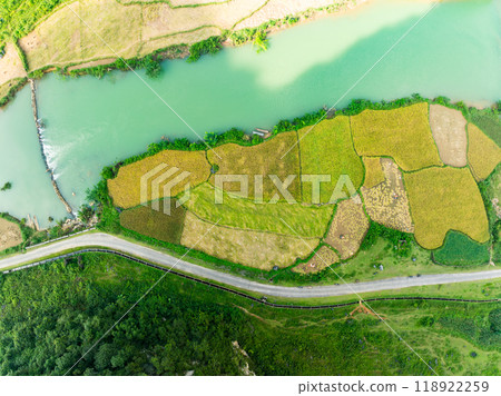 Aerial wide angle view of landscape with rice field at Phong Nam village in Trung Khanh, Cao Bang province,Northern Vietnam 118922259
