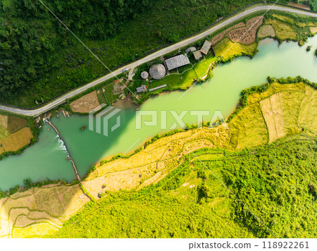 Aerial wide angle view of landscape with rice field at Phong Nam village in Trung Khanh, Cao Bang province,Northern Vietnam 118922261