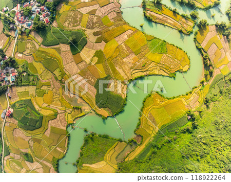 Aerial wide angle view of landscape with rice field at Phong Nam village in Trung Khanh, Cao Bang province,Northern Vietnam Aerial wide angle view of landscape with rice field at Phong Nam village in Trung Khanh, Cao Bang province,Northern Vietnam 118922264