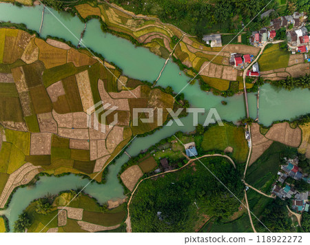 Aerial wide angle view of landscape with rice field at Phong Nam village in Trung Khanh, Cao Bang province,Northern Vietnam 118922272