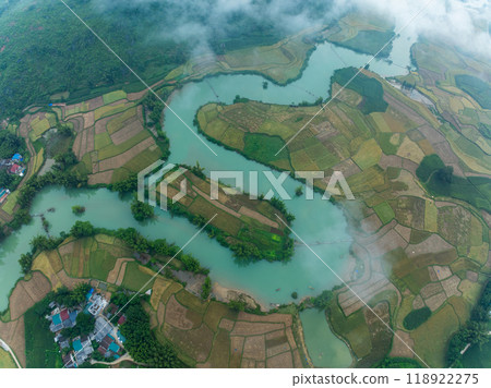 Aerial wide angle view of landscape with rice field at Phong Nam village in Trung Khanh, Cao Bang province,Northern Vietnam Aerial wide angle view of landscape with rice field at Phong Nam village in Trung Khanh, Cao Bang province,Northern Vietnam 118922275