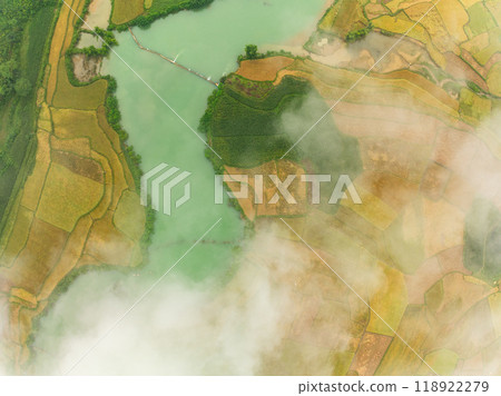Aerial wide angle view of landscape with rice field at Phong Nam village in Trung Khanh, Cao Bang province,Northern Vietnam 118922279