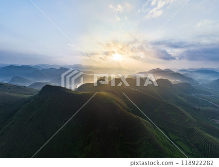 Drone aerial view of landscape mountains view in summer season,High angle view over countryside at northern Vietnam 118922282