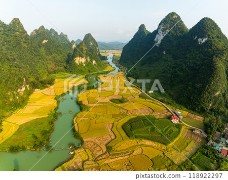 Aerial wide angle view of landscape with rice field at Phong Nam village in Trung Khanh, Cao Bang province,Northern Vietnam Aerial wide angle view of landscape with rice field at Phong Nam village in Trung Khanh, Cao Bang province,Northern Vietnam 118922297