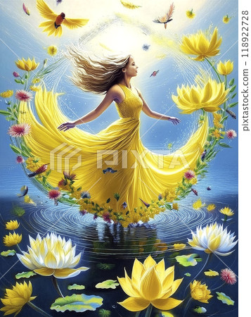 漂浮在水面上的黃色花仙子 漂浮在水面上的黃色花仙子 118922728