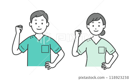 一位男性和女性牙醫做膽量姿勢的上半身插圖 118923238