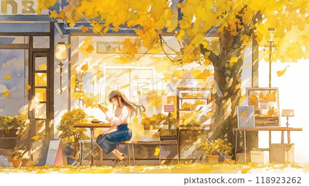 秋天，一個女人在咖啡館的露台上讀書 | 黃葉環繞的安靜時刻 118923262