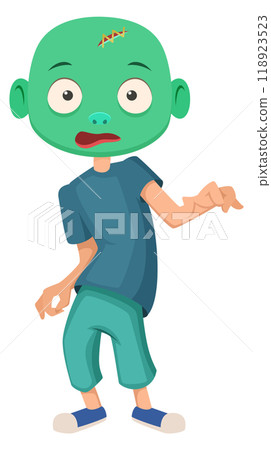 Boy in zombie costume. Kid party cartoon character Boy in zombie costume. Kid party cartoon character 118923523