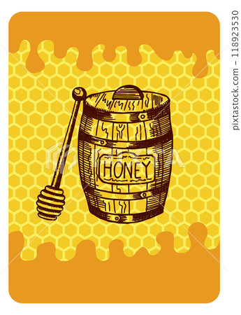 Honey barrel sketch on banner background. Apiary flyer Honey barrel sketch on banner background. Apiary flyer 118923530