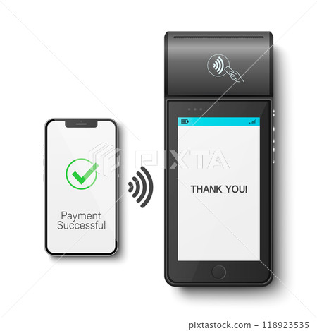 Vector 3D Realistic Black NFC Payment Terminal and Smartphone Closeup. Successful Payment, Transaction. Payment Machine, Approved Status. Design Template, Bank Payment Contactless Terminal 118923535