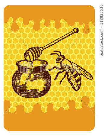 Organic honey label. Yellow honeycomb background with sweet product and bee 118923536