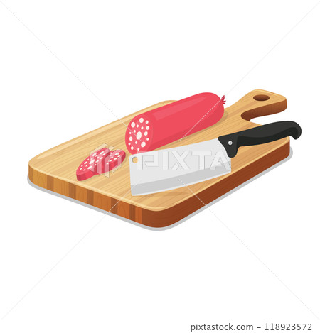 Vector Flat Cutting Board with Sliced Sausage and Chefs Knife. Colorful Cartoon Style Illustration of Sausage with Butcher Knife. Flat Meat Cutting Board, Sausage Slices and Knife Design Vector Flat Cutting Board with Sliced Sausage and Chefs Knife. Colorful Cartoon Style Illustration of Sausage with Butcher Knife. Flat Meat Cutting Board, Sausage Slices and Knife Design 118923572