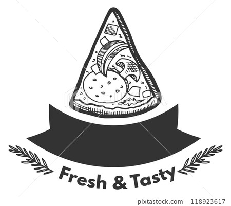 Fresh and tasty pizza emblem. Food slice logo 118923617
