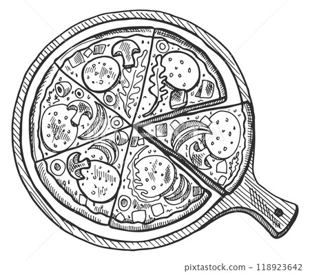 Pizza engraving. Menu illustration for sliced pie meal Pizza engraving. Menu illustration for sliced pie meal 118923642