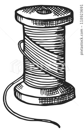 Thread wooden bobbin engraving. Sewing reel sketch 118923691