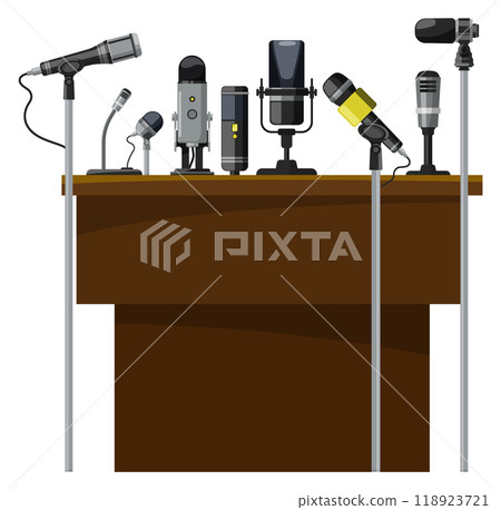 Conference tribune with various microphones. Public debate or press speech Conference tribune with various microphones. Public debate or press speech 118923721