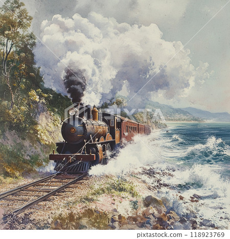 冒著黑煙行駛的蒸汽機車 118923769