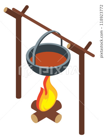 Campfire with cooking pot isometric icon. Camping symbol 118923772