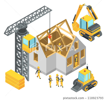 Construction site in isometric style. Engineers and heavy machines building house 118923793