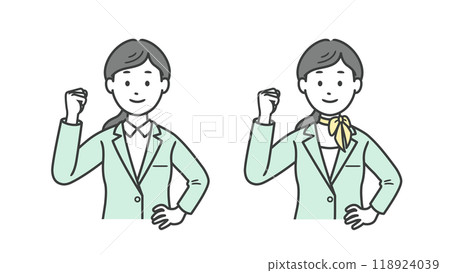 Upper body illustration of a female business man making a fist pump 118924039