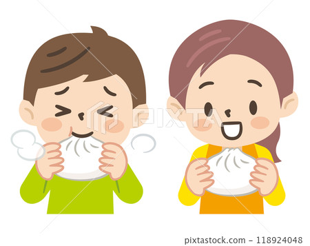 Illustration of a kid eating meat bun 118924048