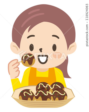 一個女孩吃章魚燒的插圖 一個女孩吃章魚燒的插圖 118924063
