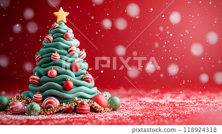 紅色背景上有雪粉的可愛黏土風格聖誕樹 118924318